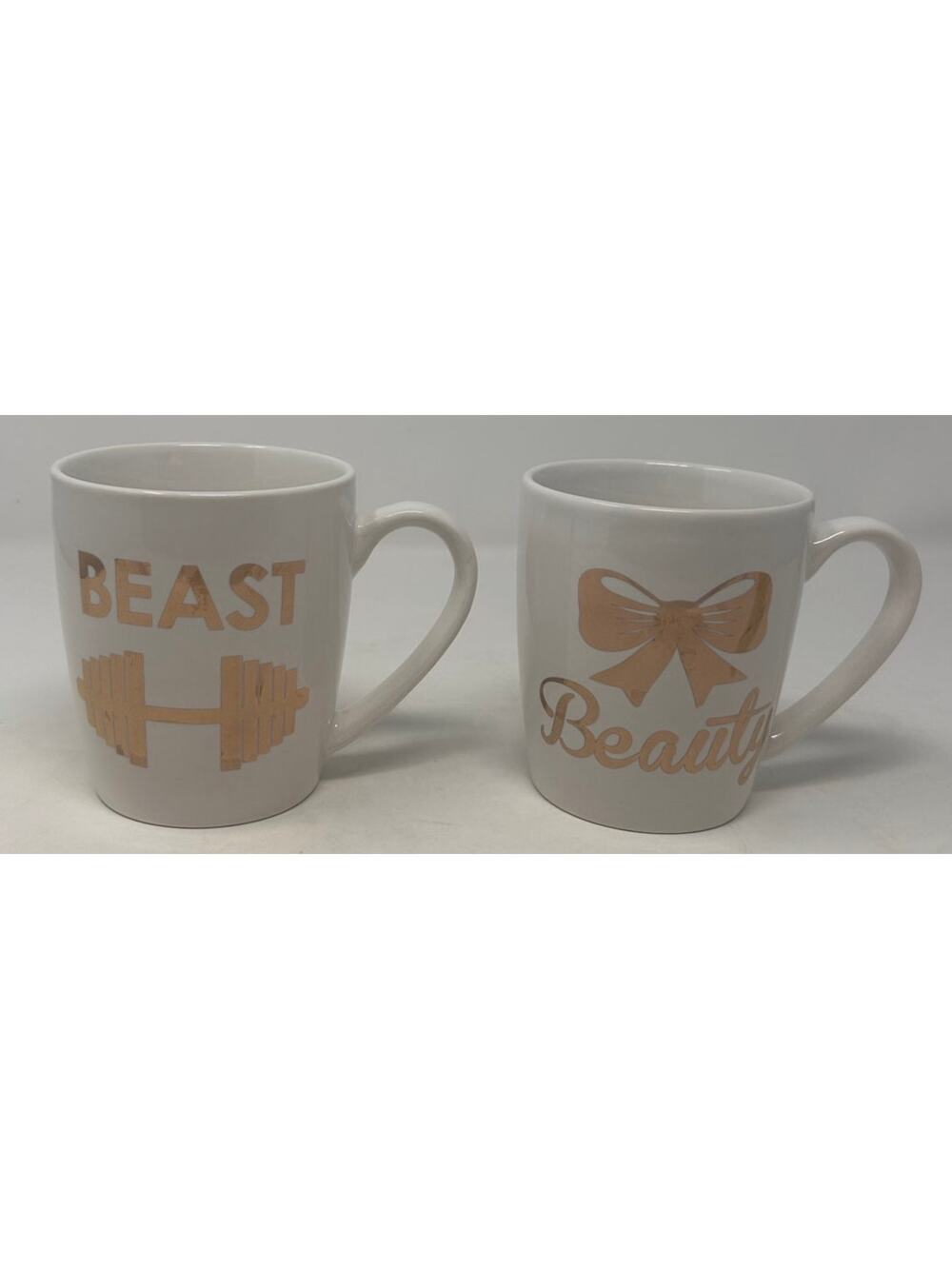 American Atelier Metallic Gold‎ White Beauty Beast Mugs 4" Tall x 3 1/2" Wide
